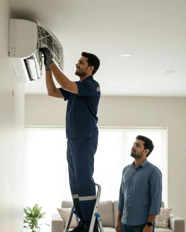 Technician servicing a split AC unit on a ladder while the resident watches