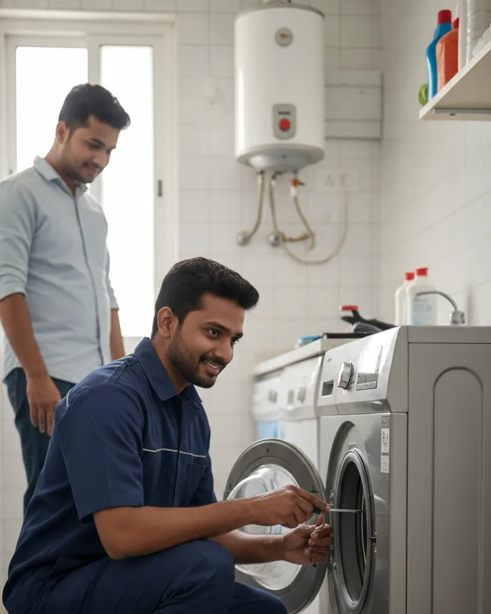 Wall-mounted electric water heater above a washing machine being serviced