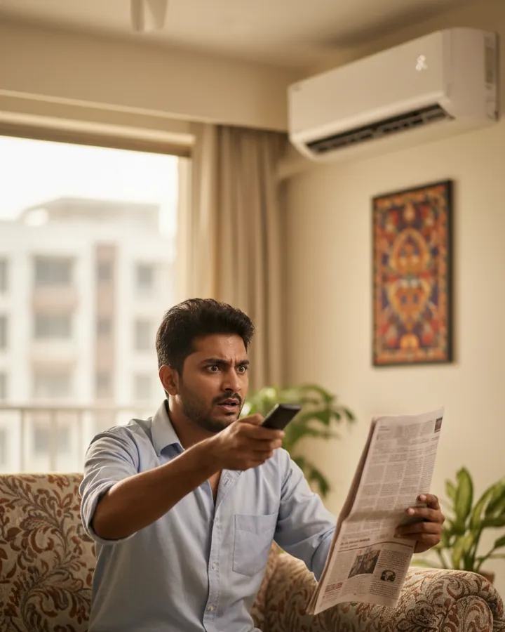 Resident holding a bucket under a dripping split AC