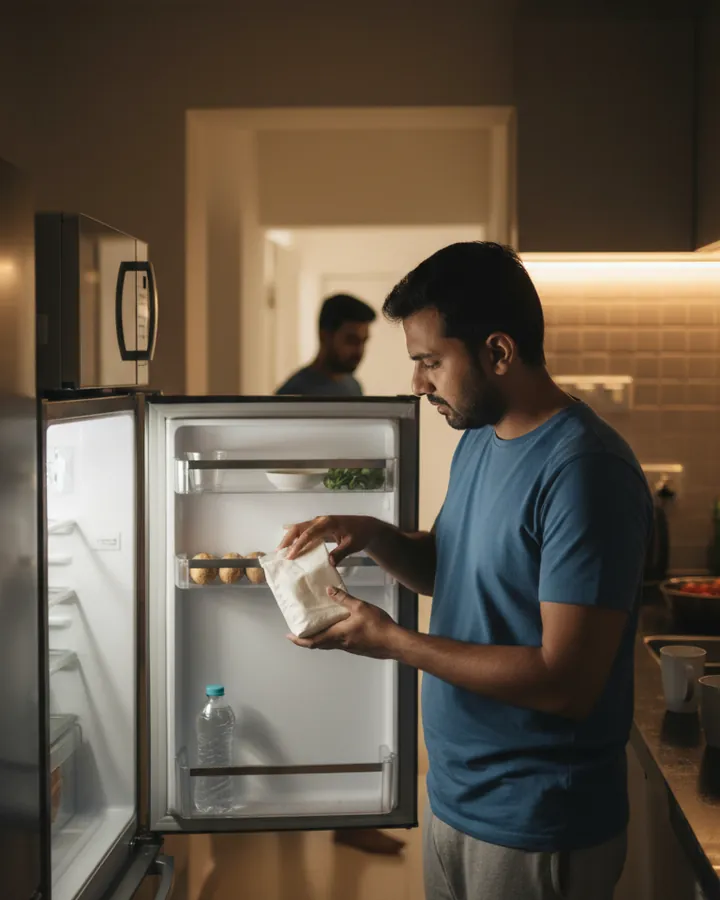 Resident looking into a refrigerator that is not cooling