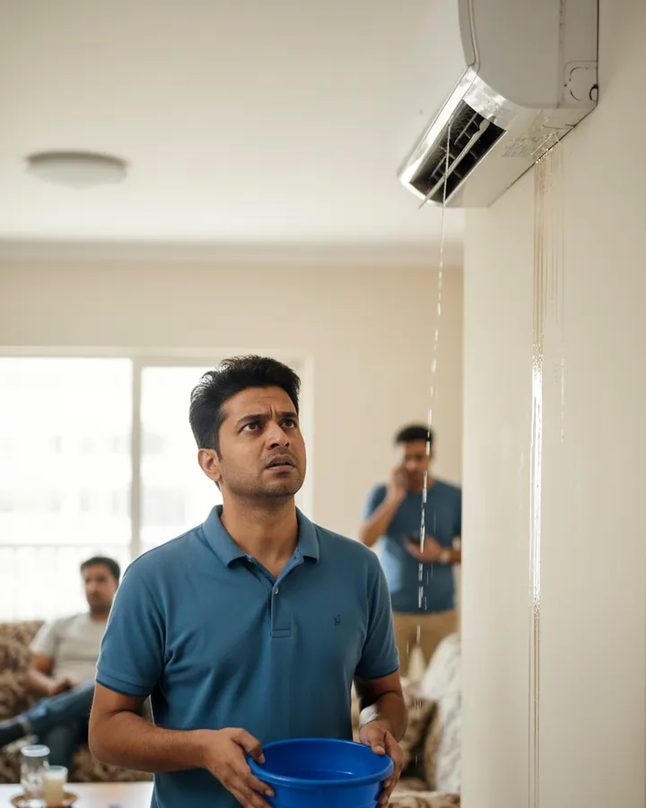 Resident checking an air-conditioning system in a warm room