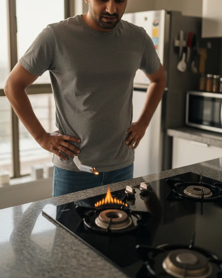 Resident checking a gas hob burner that is not lighting properly