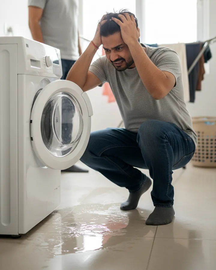 Resident upset beside a washing machine leaking water onto the floor