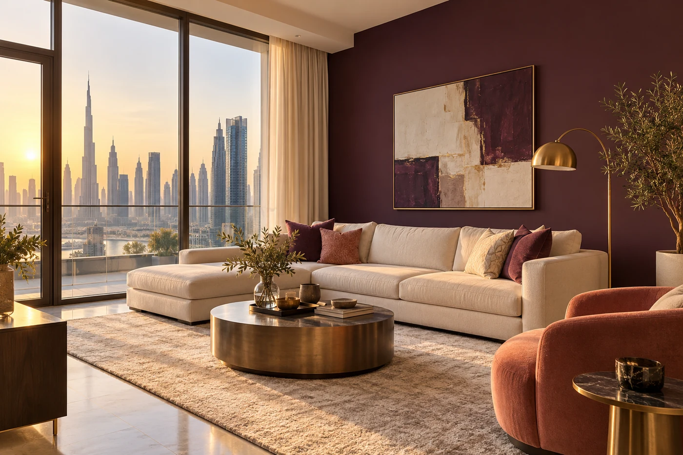Finished deep plum feature wall in a Dubai apartment